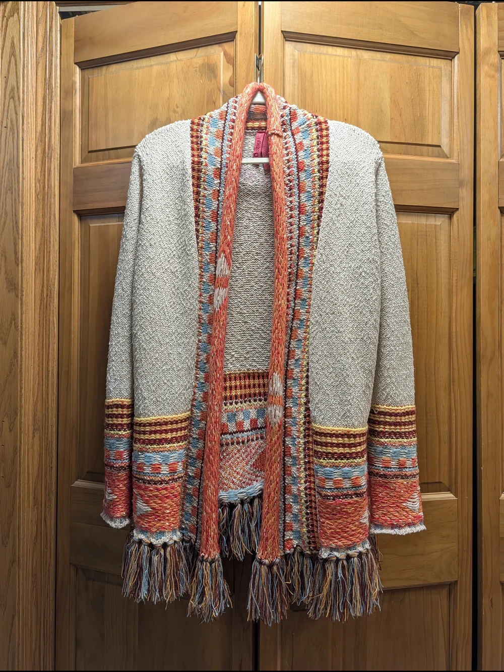 Desigual Cream Yes! Cardigan Sweater w Multicolor Accents Smiley Face And Fringe